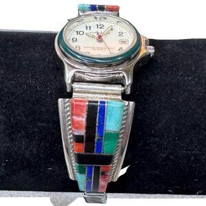 Vtg Sterling Silver Zuni Inlaid Turquoise Coral Lapis Larimar Watch Band Signed